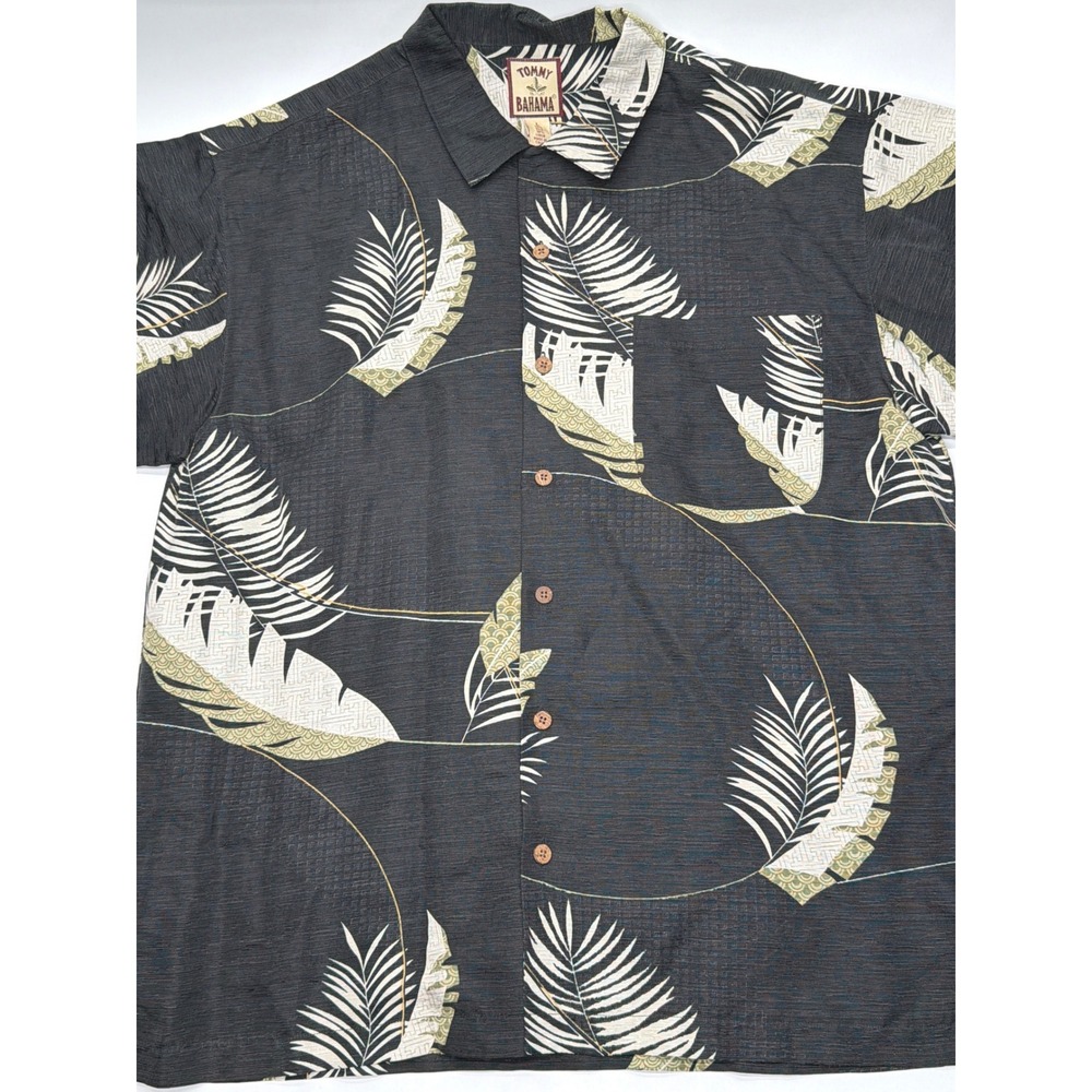 Tommy Bahama Mens Large Silk Linen Tropical Palm Print Camp Shirt Charcoal Gray